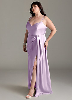 Azazie Brielle Bridesmaid Dresses Frosted Lilac A-Line Cowl Spaghetti Straps Stretch Satin Dress image10