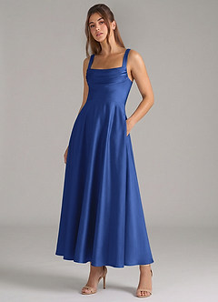 Azazie Shaude Bridesmaid Dresses Royal Blue A-Line Pleated Stretch Satin Dress image5