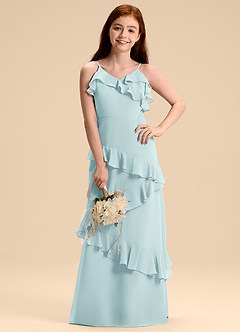 Azazie Evara Junior Abito A-Line in Chiffon Sea Glass image4