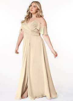 Azazie Dakota Bridesmaid Dresses Champagne A-Line V-Neck Pleated Chiffon Dress image8