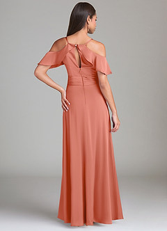Azazie Dakota Bridesmaid Dresses Salmon Pink A-Line Off the Shoulder Stretch Satin Dress image2