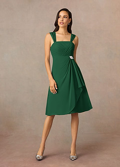 Azazie Olivia Mère de la mariée Robes Robe Trapèze en Mousseline de soie Encolure carrée plissée Vert Foncé image3