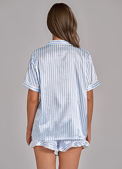 front Randigt pyjamasset med satinpik och volangshorts