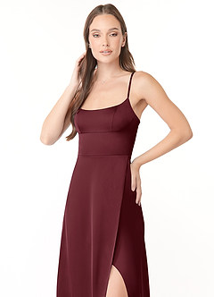 Azazie Halsey Final Sale Cabernet A-Line Side Slit Stretch Satin Dress image6