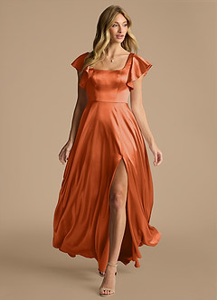 Azazie Bondi Vestidos de damas de honor Vestido de Naranja Quemada de Satén Metálico de Corte en A con Lazo image6