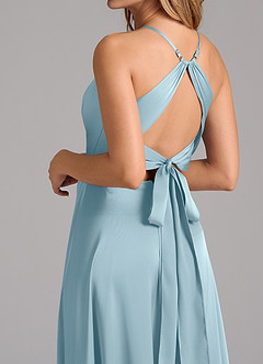 Azazie Evalleen Bridesmaid Dresses Moody Blue A-Line Pleated Stretch Satin Dress image2
