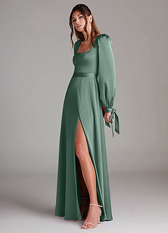 Azazie Leonia Bridesmaid Dresses Eucalyptus A-Line Long Sleeve Stretch Satin Dress image5