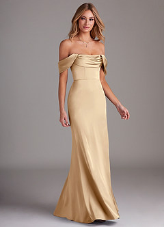 Azazie Saige Bridesmaid Dresses Champagne Sheath Off the Shoulder Stretch Satin Dress image6
