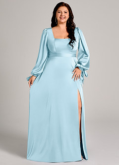 Azazie Leonia Vestidos de damas de honor Vestido de Azul Cielo de Satén Elástico de Corte en A con Manga larga image11