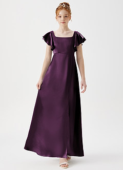 Azazie Bondi Junior Plum A-Line Side Slit Metallic Satin Dress image4