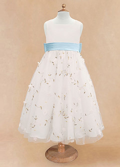 Azazie Pollie vestidos de niña de las flores Vestido de Marfil Azul Cielo de Tul de Corte En A con Lazo image11