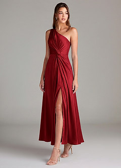 Azazie Brooke Robes de demoiselle d'honneur Robe Trapèze en Satin extensible Une épaule Écarlate image3