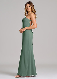 Azazie Monroe Vestidos de damas de honor Vestido de Eucalipto de Gasa de Corte Recto con Hombro unilateral image5