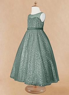 Azazie Siwa Sukienki dla dziewczynek sypiących kwiaty Linia A Zroszony Tiul Długość kostki Sukienka image7