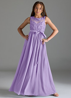 Azazie Elly Junior Robe Trapèze en Mousseline de soie Dentelle Lilas image3