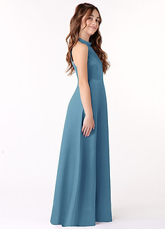 Azazie Laurel Junior Steel Blue A-Line Matte Satin Dress image2