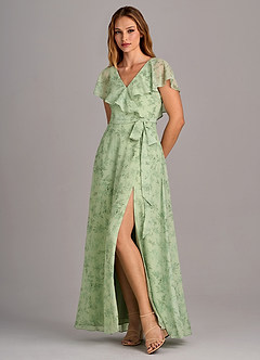 Azazie Lainey Robes de demoiselle d'honneur Robe Trapèze en Mousseline de soie avec poches Fougère Verte Florale image3