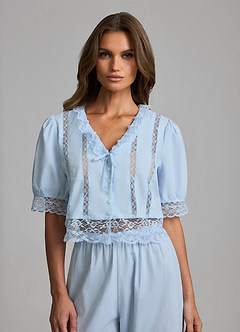 front Pyjama-Set aus Lyocell-Baumwolle mit V-Ausschnitt, Spitzeneinsatz, kurzen Ärmeln und langer Hose