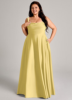 Azazie Shaude Bridesmaid Dresses Canary A-Line Pleated Stretch Satin Dress image11