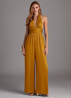 Azazie Oli Bridesmaid Dresses Butterscotch Pleated Stretch Satin Jumpsuit image3