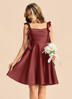 Azazie Kira Junior Terracotta A-Line Ruched Stretch Satin Dress image4