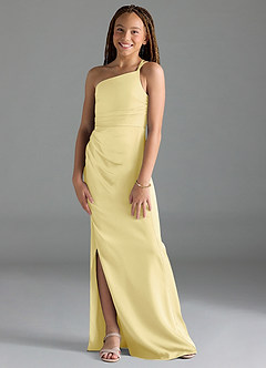 Azazie Eren Junior Lemon Sorbet Sheath Pleated Stretch Satin Dress image1