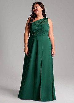 Azazie Phaedra Vestidos de damas de honor Vestido de Esmeralda de Gasa de Corte en A con Hombro unilateral image14