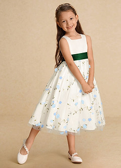 Azazie Pollie Flower Girl Dresses Sky Blue Dark Green A-Line Bow Tulle Dress image7