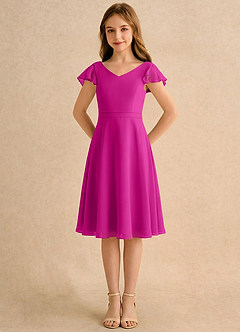 Azazie Narin Girls Formal Robe Demoiselle D'honneur Fillette Robe Trapèze en Mousseline de soie avec manches Fuchsia image5