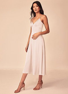 Azazie Dottie Robes de demoiselle d'honneur Robe Trapèze en Satin extensible Rose Pâle image4