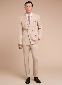 front Collins Tan Double Breasted Wool Blend Suit Jacket