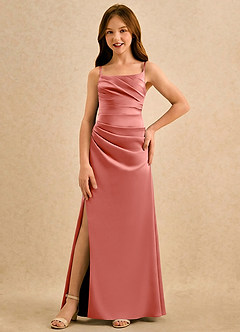 Azazie Cannoli Girls Formal Robe Demoiselle D'honneur Fillette Robe Trapèze en Mat Satiné Plissée Rose Saumon image3