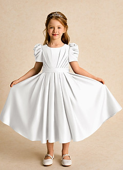 Azazie Miriam Blumenmädchenkleider Ballkleid Plissee Matte Satin Kleid Weiß image5