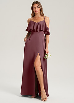 Azazie Jean Bridesmaid Dresses Sangria A-Line Off the Shoulder Stretch Satin Dress image3