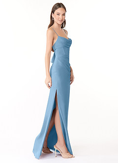 Azazie Mai Vestidos de damas de honor Vestido de Azul Acero de Gasa de Corte Recto con Plisado image3