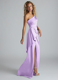 Azazie Maive Bridesmaid Dresses Lilac Sheath Ruched Stretch Satin Dress image4