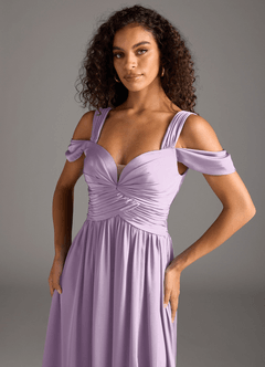 Azazie Lianne Bridesmaid Dresses Frosted Lilac A-Line Off the Shoulder Stretch Satin Dress image9