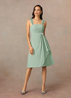 Azazie Olivia At-home Try On Dresses Agave A-Line Square Neckline Pleated Chiffon Dress image3