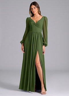 Azazie Zeya Bridesmaid Dresses Olive A-Line Long Sleeve Chiffon Dress image4