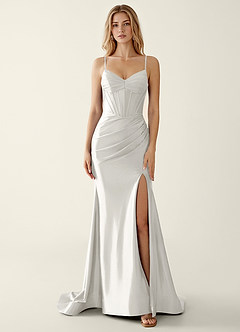 Indigo White Satin V-neck Sequins Mermaid Prom Dress | Azazie