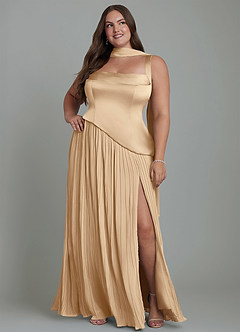 Azazie Stephanie Robes de demoiselle d'honneur Robe Trapèze en Satin extensible Plissé Champagne image15