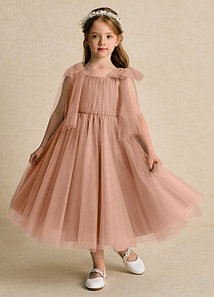 Azazie Dori Flower Girl Dresses Champagne Rose A-Line Ruched Tulle Dress image2