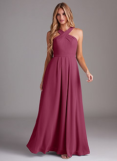 Azazie Dixie Bridesmaid Dresses Mulberry A-Line Halter Pleated Chiffon Dress image3