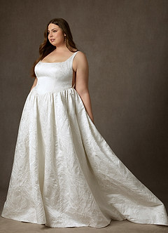 Azazie Skylin Wedding Dresses Diamond White Mocha Ball-Gown with Pockets Floral Jacquard Dress image11
