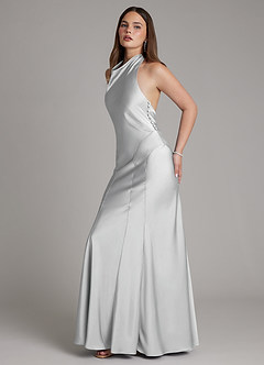 Azazie Sahara Bridesmaid Dresses Silver A-Line Pleated Stretch Satin Dress image3