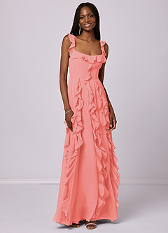 Barbie ♥ Azazie Bridesmaid Dresses Coral A-Line with Pockets Chiffon Dress image3