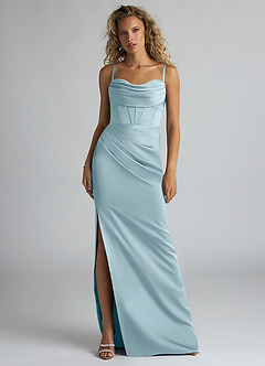 Azazie Mai Bridesmaid Dresses Moody Blue Sheath Pleated Stretch Satin Dress image1