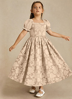 Azazie Joss Flower Girl Dresses Champagne A-Line with Sleeves Floral Burnout Dress image3