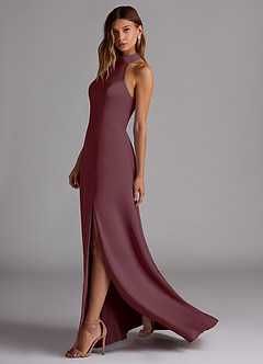Azazie Myra Bridesmaid Dresses Sangria A-Line Side Slit Stretch Satin Dress image5