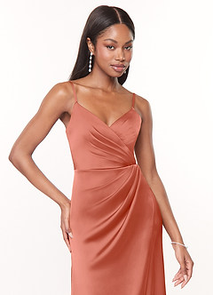 Azazie Maci Brautjungfernkleider A-Linie V-Hals Gefaltet Stretch-Satin Kleid Lachsrosa image5